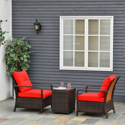 Outsunny 3 Pieces Wicker Patio Furniture Set, Rattan Bistro Set with Storage Coffee Table and Thickened Cushions, Outdoor Conversation Set for Garden, Porch, Balcony, Red