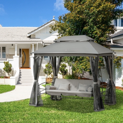 Outsunny 3 Person Outdoor Patio Daybed, 3 in 1 Canopy Gazebo Swing Chair Garden Hammock with Sun Shade, Mesh Mosquito and Net, Dark Grey