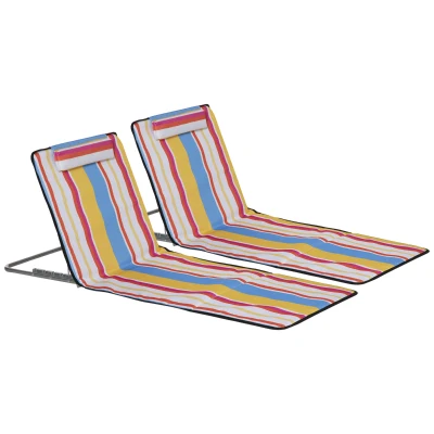 Outsunny Set of 2 Beach Lounge Chair Sun Lounger Beach Mat, Padded Folding Ground Mat Lounge Chair w/Adjustable Back, Steel Frame, Head Pillow and Carry Bag for Backyard Lakeside, Colorful Stripes