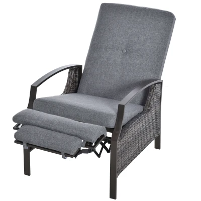 Outsunny Outdoor Rattan Recliner Chair, Wicker Reclining Chair with Adjustable Back Retractable Footrest Cushion Grey