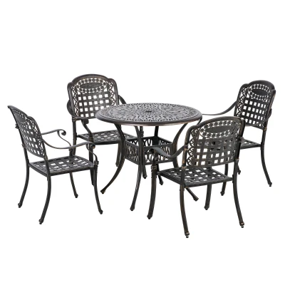 Outsunny 5-Piece Outdoor Patio Dining Set with 4 Armchairs & 1 Table with Umbrella Hole, 35" Round Bistro Table, Cast Aluminium Patio Furniture Set for Garden Deck Yard, Bronze