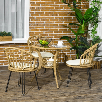 Outsunny 4 Pieces Rattan Dining Set with Storage Basket, Tempered Glass Table Top, for Garden, Backyard, Balcony, Light Brown