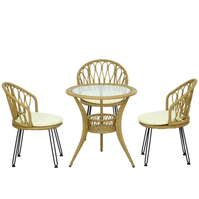 Outsunny 4 Pieces Rattan Dining Set with Storage Basket, Tempered Glass Table Top, for Garden, Backyard, Balcony, Light Brown
