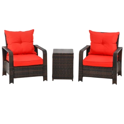 Outsunny 3 Pieces Wicker Patio Furniture Set, Rattan Bistro Set with Storage Coffee Table and Thickened Cushions, Outdoor Conversation Set for Garden, Porch, Balcony, Red