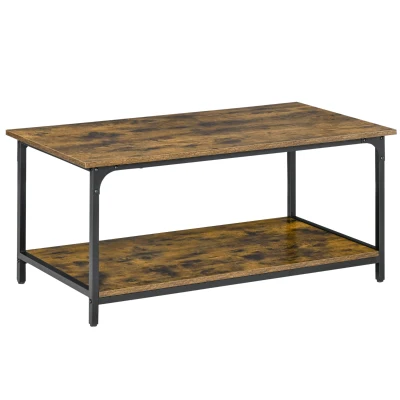 HOMCOM Industrial Coffee Table with Storage Shelf, 2-tier Center Table for Living Room, Rustic Brown