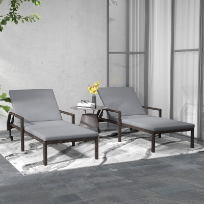 Outsunny 2 Piece Wicker Chaise Lounger PE Rattan Outdoor Lounge Chair Recliner with Adjustable Backrest and 2 Wheels, Grey