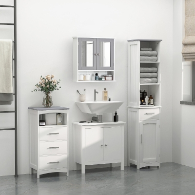 kleankin 3-Piece Bathroom Furniture Set, Tall and Small Floor Cabinets, Wall Mount Medicine Cabinet with Mirror, Narrow Bathroom Storage Cabinet with Drawers and Shelves, White