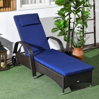 Outsunny Outdoor Lounger, Deck Lounge Chair with Headrest, 5-Level Adjustable, Backrest, Wheels, Deep Coffee and Navy Blue