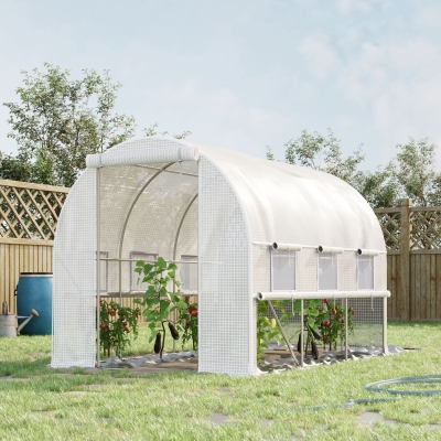 Outsunny 10' x 6.6' x 6.6' Walk-in Tunnel Greenhouse with Quality PE Cover, Zipper Doors & Mesh Windows, White