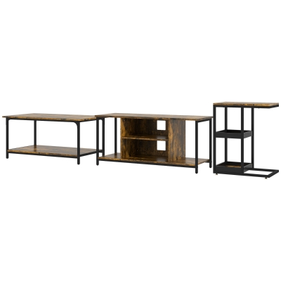 HOMCOM Living Room Furniture Set, Industrial Living Room Tables and TV Stand for 55" TVs, 2-tier Coffee Table and C-shaped Side Table with Storage Shelves, Rustic Brown