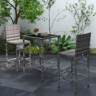 Outsunny 3 Piece Patio Bar Set Wicker Rattan Garden Bistro Set Barstool and Table for Patio Backyard Balcony Poolside, Grey