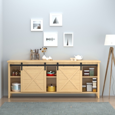 HOMCOM Mini Sliding Barn Door Hardware Kit for Double Doors, TV Stands, Cabinet Barn Door Hardware Kit, Fit 17.7" Wide Door Panel (J Shape), Black