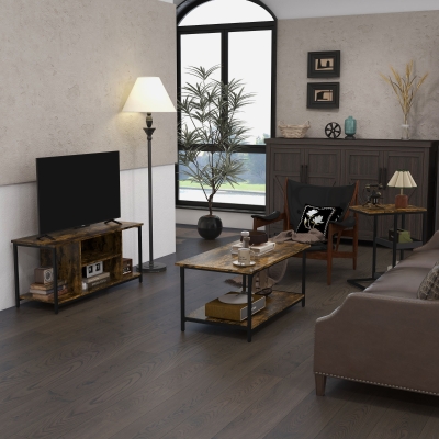 HOMCOM Living Room Furniture Set, Industrial Living Room Tables and TV Stand for 55" TVs, 2-tier Coffee Table and C-shaped Side Table with Storage Shelves, Rustic Brown