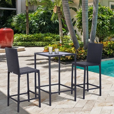 Outsunny 3pcs Rattan Bar Set, Glass Top Table & 2 Stools
