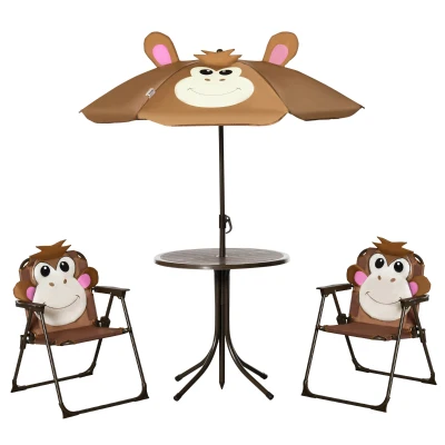 Outsunny Kids Folding Picnic Table and Chair Set Pattern Outdoor Garden Patio Backyard with Removable & Height Adjustable Sun Umbrella Brown