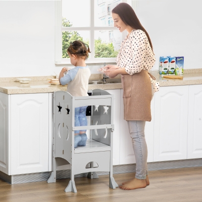 Qaba Kids Step Stool, Foldable Kitchen Helper with Blackboard and Lockable Handrail, for Toddler 3-6 Years Old, Grey