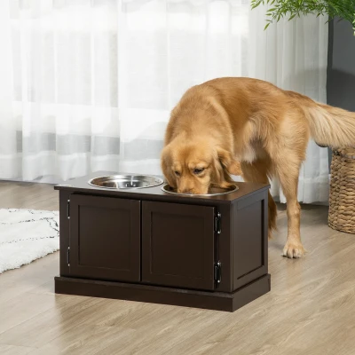 PawHut Elevated Dog Bowls with Storage, 2 Stainless Steel, Coffee