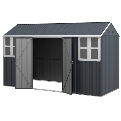 Outsunny 12' x 5.5' Metal Garden Storage Shed, Outdoor Tool Storage House with Lockable Door, Vents, Sloped Roof, Dark Grey