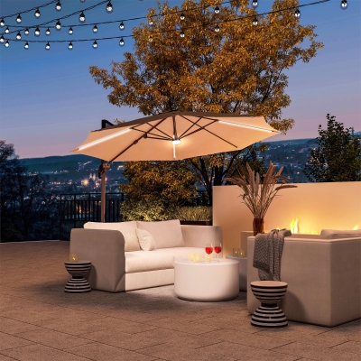 Outsunny 10ft Cantilever Patio Umbrella Offset Parasol with Lights, Cross Base, 360° Rotating for Deck, Beach, Market, Khaki