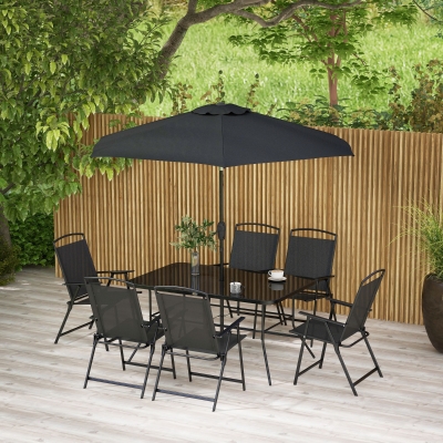 Outsunny 8 Piece Patio Set with Umbrella, 6 Folding Chairs, Rectangle Table, Outdoor Dining Set for 6 with Mesh Seat, Black