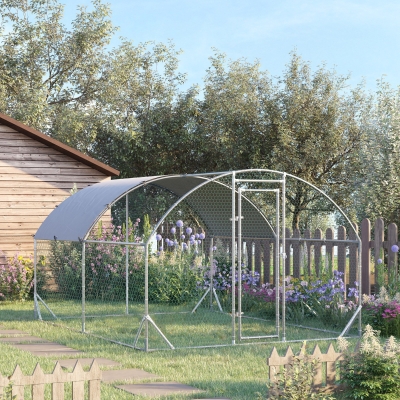 PawHut Galvanized Large Metal Chicken Coop Cage Walk-in Enclosure Poultry Hen Run House Playpen Rabbit Hutch with Cover for Outdoor Backyard 9.2' x 12.5' x 6.5' Silver