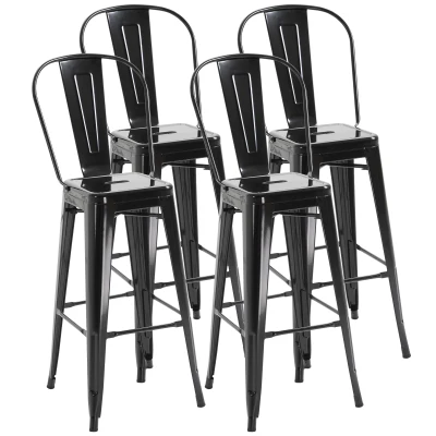 HOMCOM Set of 4 Bar Stools Kitchen Industrial Breakfast Bistro Cafe Metal Frame Black