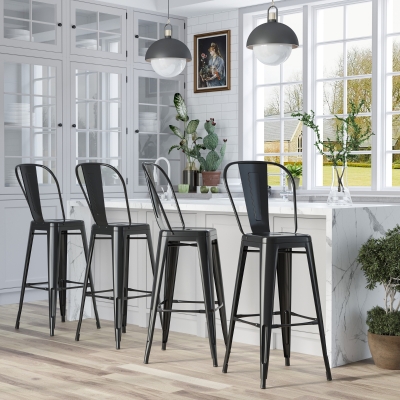 HOMCOM Set of 4 Bar Stools Kitchen Industrial Breakfast Bistro Cafe Metal Frame Black
