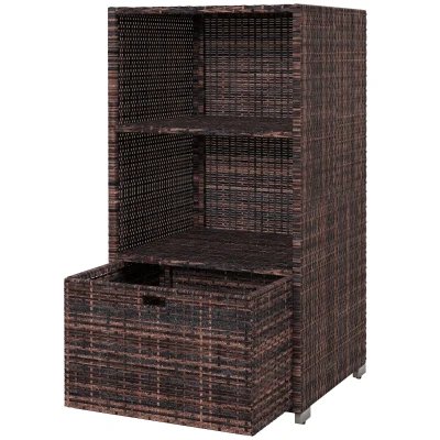 Outsunny Outdoor Storage Cabinet, Patio Storage Box Rack Rattan Wicker Pool Towel Valet Organizer Poolside Garden Lawn Bathroom Furniture Shelf w/ Shelf Drawer, Mixed Brown