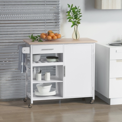 HOMCOM 4-Tier Rolling Kitchen Island Utility Trolley Serving Cart Kitchen Storage Cart w/ Towel Rack, Butcher Block Countertop, Cabinet, Drawer, Shelves, White