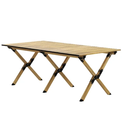 Outsunny Folding Picnic Table, Portable Aluminum Camping Table with Roll-Up Top for Party, BBQ, Beach, Natural