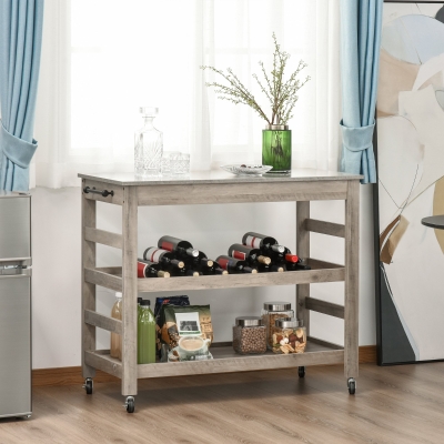 HOMCOM Kitchen Cart Rolling Kitchen Island Utility Trolley with Concrete Effect Top & Storage Wine Rack, Grey