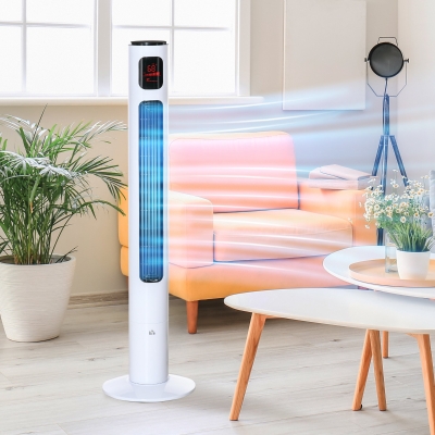 HOMCOM Freestanding Tower Fan Cooling for Home Bedroom with Oscillating, 3 Speed, 12h Timer, LED Sensor Panel, Remote Controller, White