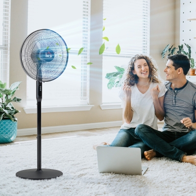 HOMCOM Floor Standing Fan with Remote Control, Oscillating, LED Screen, Stand Up Cooling Fan, Tall Pedestal Electric Fan for Home Bedroom, Black