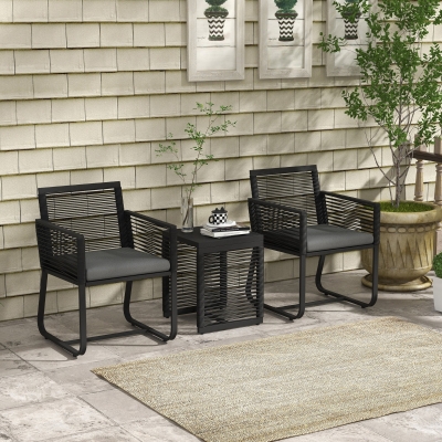 Outsunny 3 Pieces Patio Furniture Outdoor PE Rattan Bistro Set w/ Seat Cushions Tempered Glass Table for Garden Backyard, Black