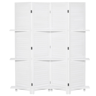 HOMCOM 4-Panel Wall Partition Room Separator with 3 Storage Shelves Foldable Design Wooden Frame 5.6FT White