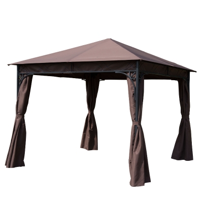 Outsunny 10x10ft Steel Garden Gazebo Patio Canopy Outdoor Event Party Tent Backyard Sun Shelter with Curtain Coffee