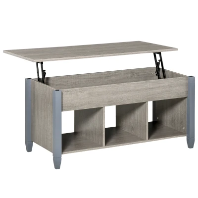 HOMCOM Lift Top Coffee Table with Hidden Storage Compartment and 3 Lower Shelves, Pop-Up Center Table for Living Room, Grey