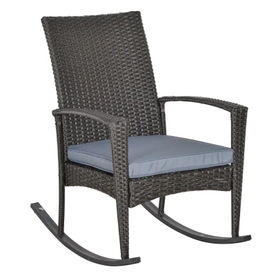 Outsunny Outdoor PE Rattan Rocking Chair, Garden Glider Rocking Chair, Wicker Patio Chair Set with Armrest and Cushion, Grey
