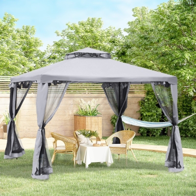 Outsunny 10' x 10' Patio Gazebo Outdoor Pavilion 2 Tire Roof Canopy Shelter Garden Event Party Tent Yard Sun Shade Steel Frame w/ Mosquito Netting Grey