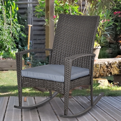 Outsunny Outdoor PE Rattan Rocking Chair, Garden Glider Rocking Chair, Wicker Patio Chair Set with Armrest and Cushion, Grey