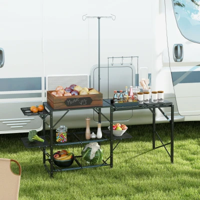 Outsunny Folding Camp Kitchen Table with Adjustable Lamp Stand