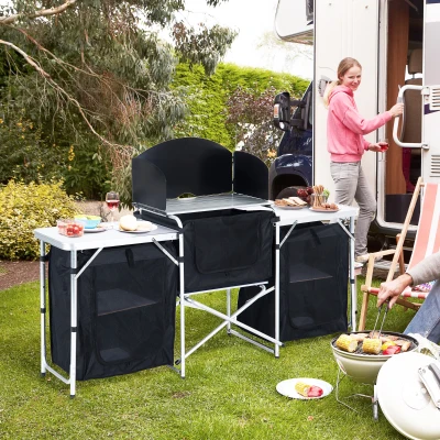 Outsunny Portable Aluminum Camping Kitchen Table with Cupboards