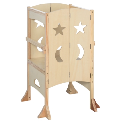 Qaba Wooden Kitchen Step Stool, Foldable Toddler Tower, Natural