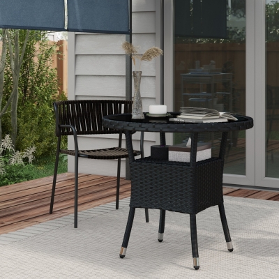 Outsunny Φ31.5" Outdoor Wicker Dining Table, PE Rattan Patio Furniture with 2-Tier Storage Shelf, Metal Frame Round Garden Table with Glass Top Table, Black
