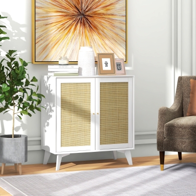 HOMCOM Boho Sideboard Cabinet, Freestanding Sideboards and Buffets with 2 Rattan Doors and Adjustable Shelf