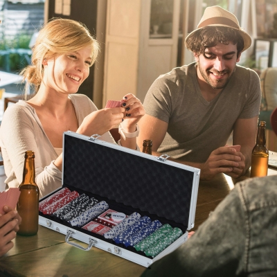 Soozier High Quality 11.5 gram Poker Chips Set with Silver Aluminum Case, 500 Striped Dice 2 Decks of Cards