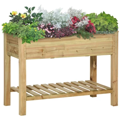 Outsunny 45" x 22" x 33" Elevated Planter Box w/ Legs and Storage Shelf, Raised Garden Bed, Elevated Wooden Planter Box, Gardening Standing Growing Bed for Backyard Patio Balcony