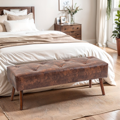 HOMCOM Bedroom Bench, End of Bed Bench with Button Tufted, PU Leather Upholstered Entryway Bench with Wood Legs, Brown