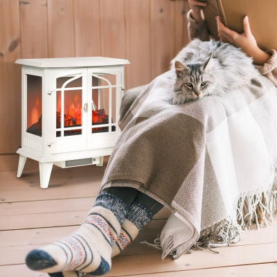 HOMCOM Electric Fireplace Stove, Freestanding Indoor Heater with Realistic Flame Effect, Adjustable Temperature and Overheat Protection, White