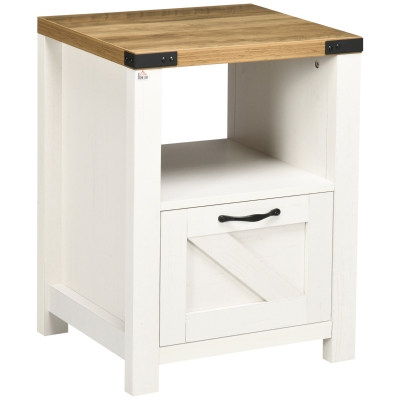 HOMCOM Side Table with Storage, Farmhouse End Table with Drawer, Open Shelf and Barn-style Panel, Nightstand for Living Room, Bedroom, White